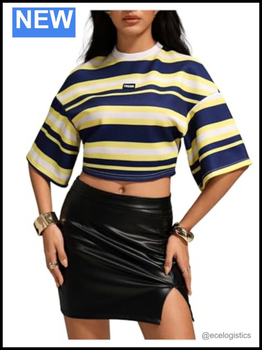 Color Block Striped Crop Top Half Sleeve Drop Shoulder Tees Oversized T-Shirt